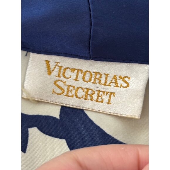 Vintage Gold Label Victorias Secret Navy White Floral Satin Robe With Belt Women - Picture 6 of 14